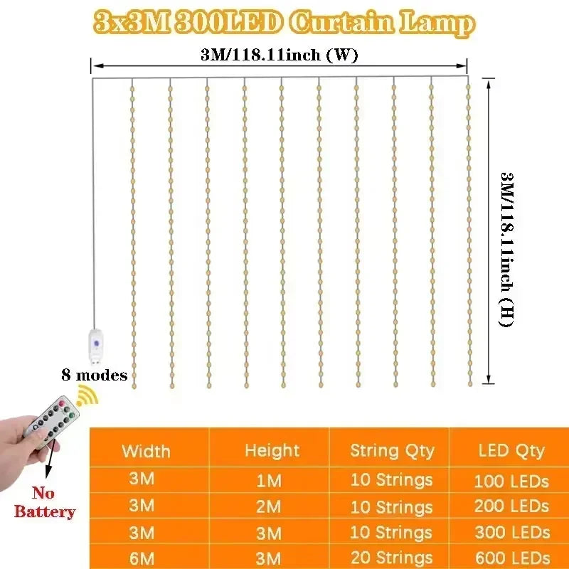 LED Curtain Lights USB Type-C 8 Lighting Modes