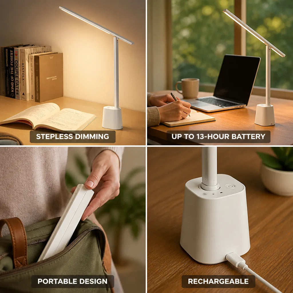 LED Desk Lamp Stepless Dimming Rechargeable 13-Hour Battery Life