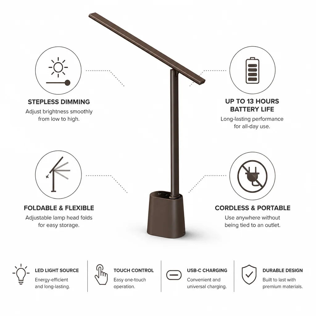 LED Desk Lamp Stepless Dimming Rechargeable 13-Hour Battery Life