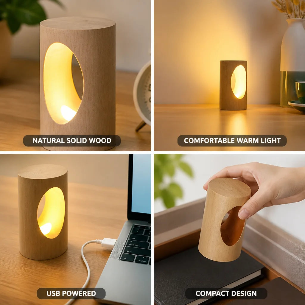 LED Table Lamp Solid Wood USB Powered Warm White