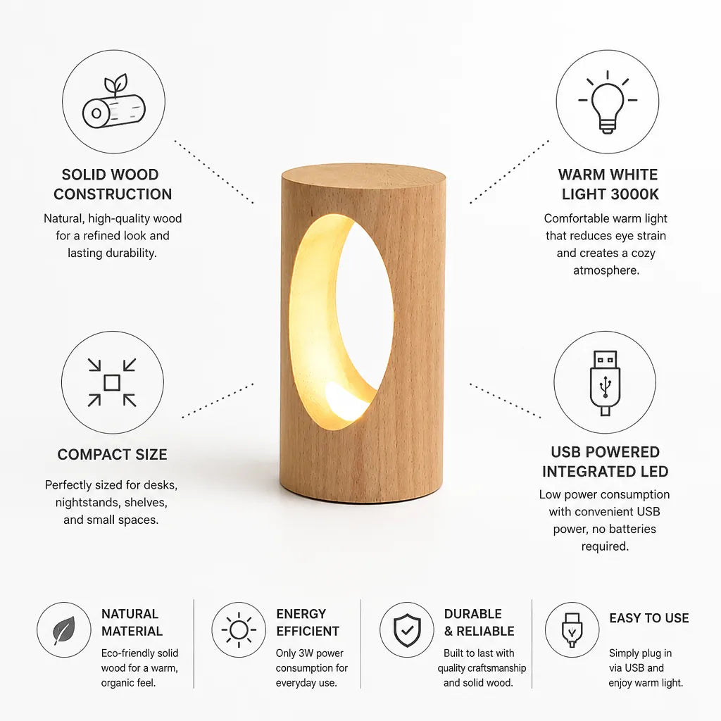LED Table Lamp Solid Wood USB Powered Warm White
