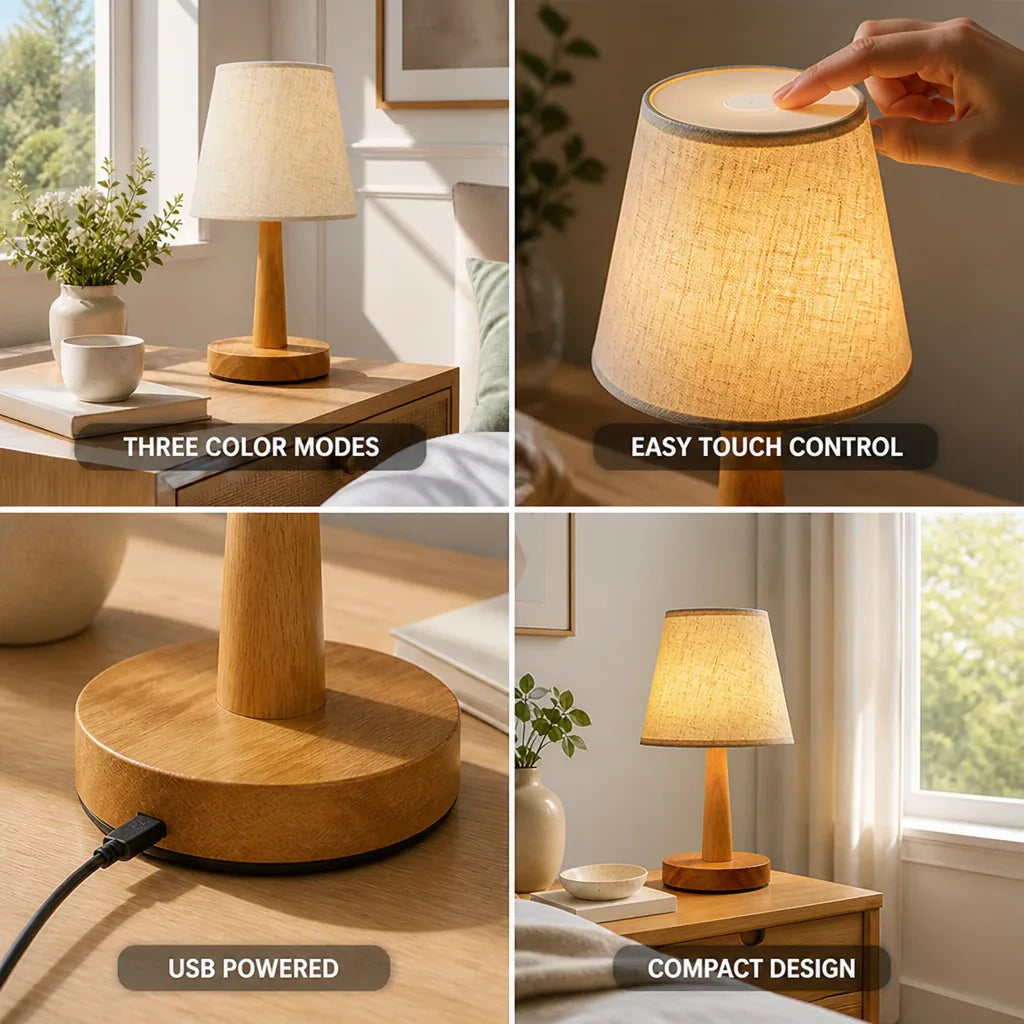 LED Table Lamp Wood & Fabric USB-Powered