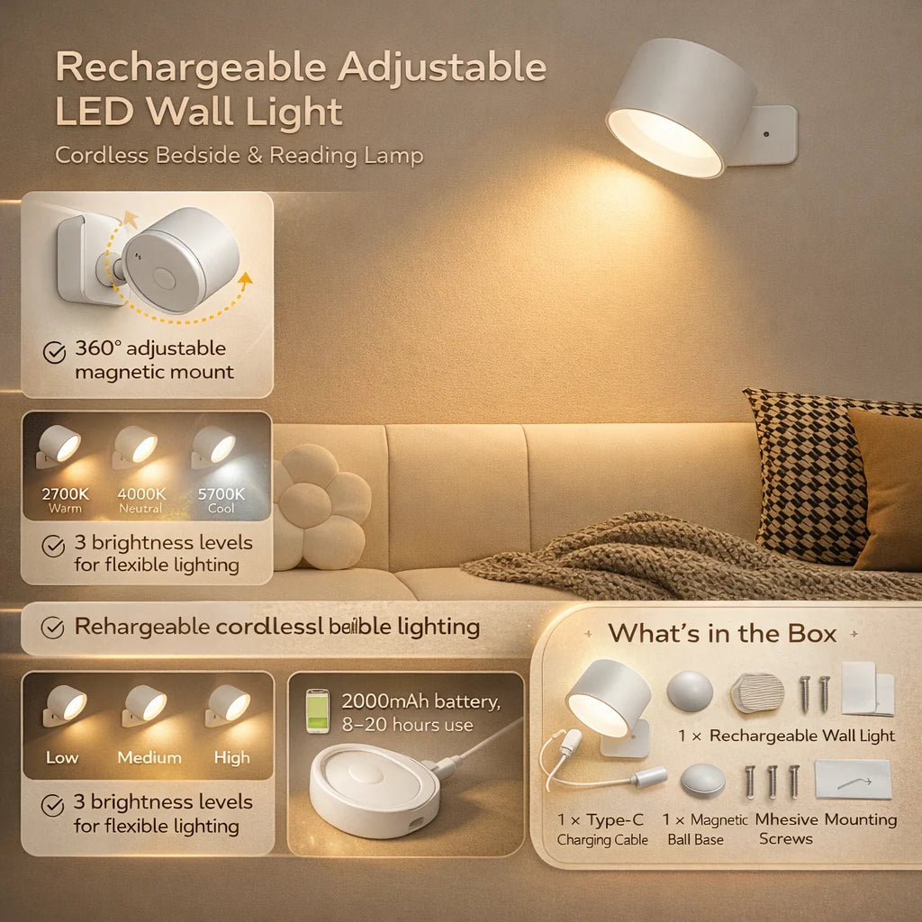 LED Wall Light Magnetic Mount USB Rechargeable & Touch Dimmer