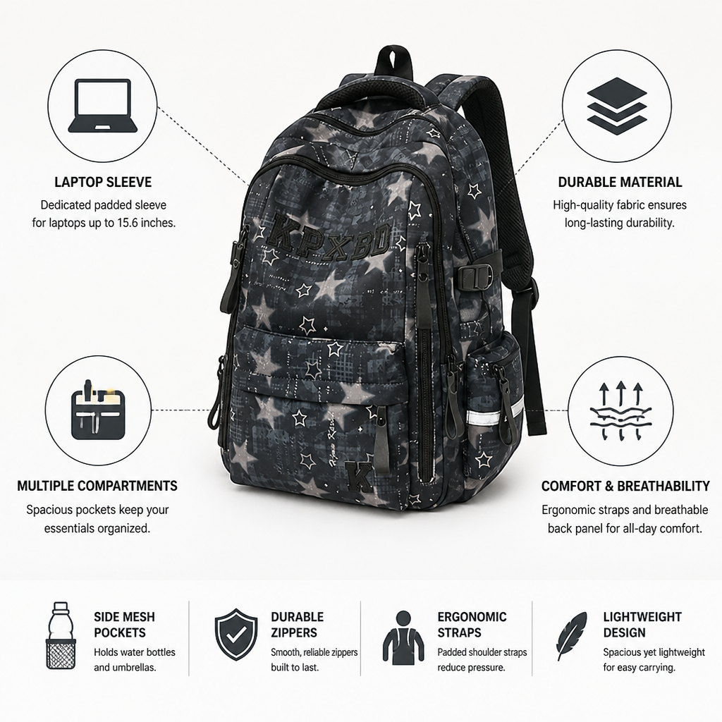 Laptop-Sleeve Multi-Compartment School Backpack