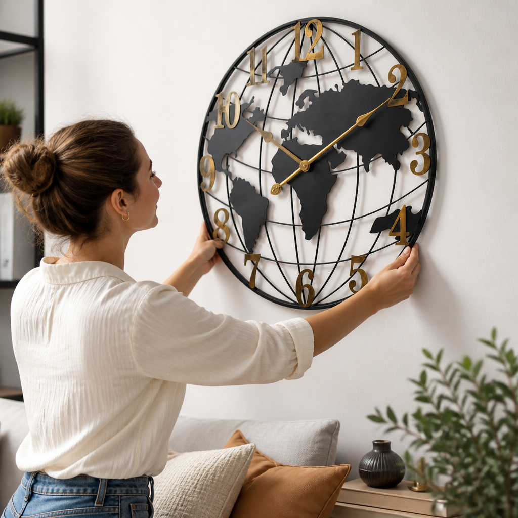 Large 60 cm Quiet Quartz World Map Wall Clock