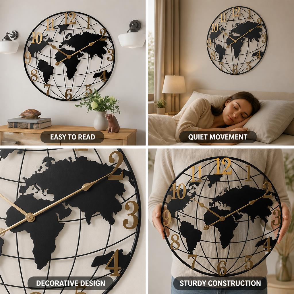 Large 60 cm Quiet Quartz World Map Wall Clock