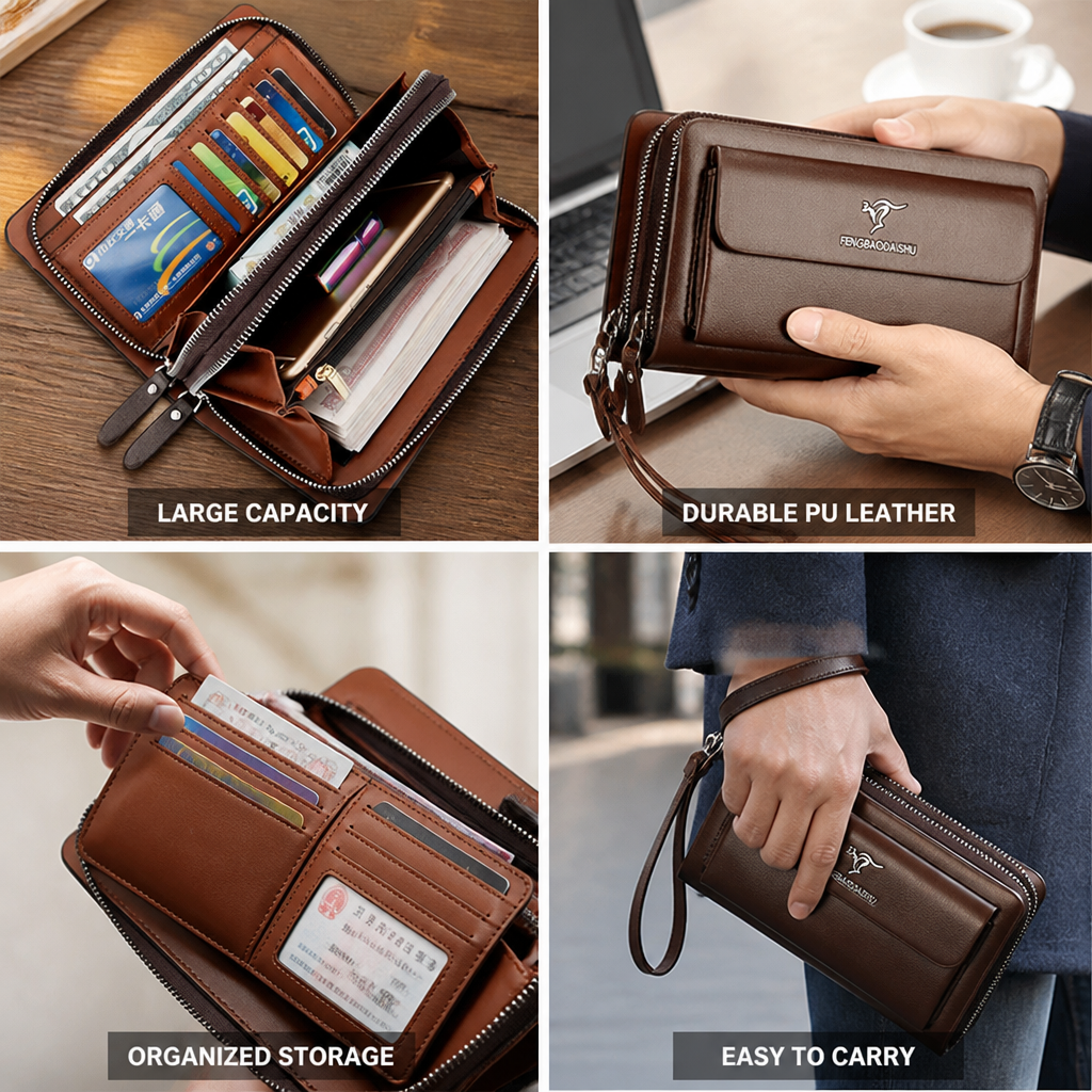 Large-Capacity PU Leather Clutch Wallet (14 Card Slots)