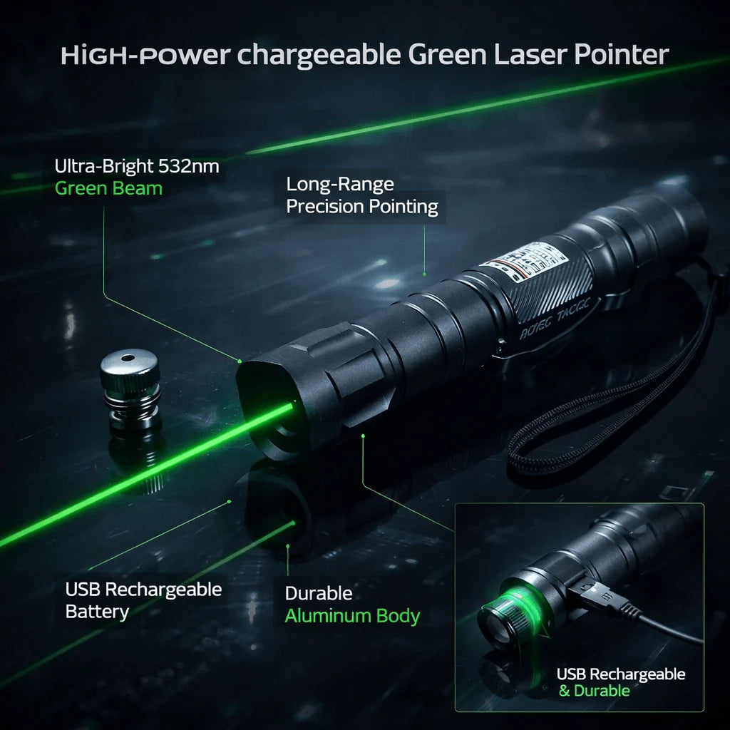 Laser Pointer Green Long-Range USB-Rechargeable Anodized Metal