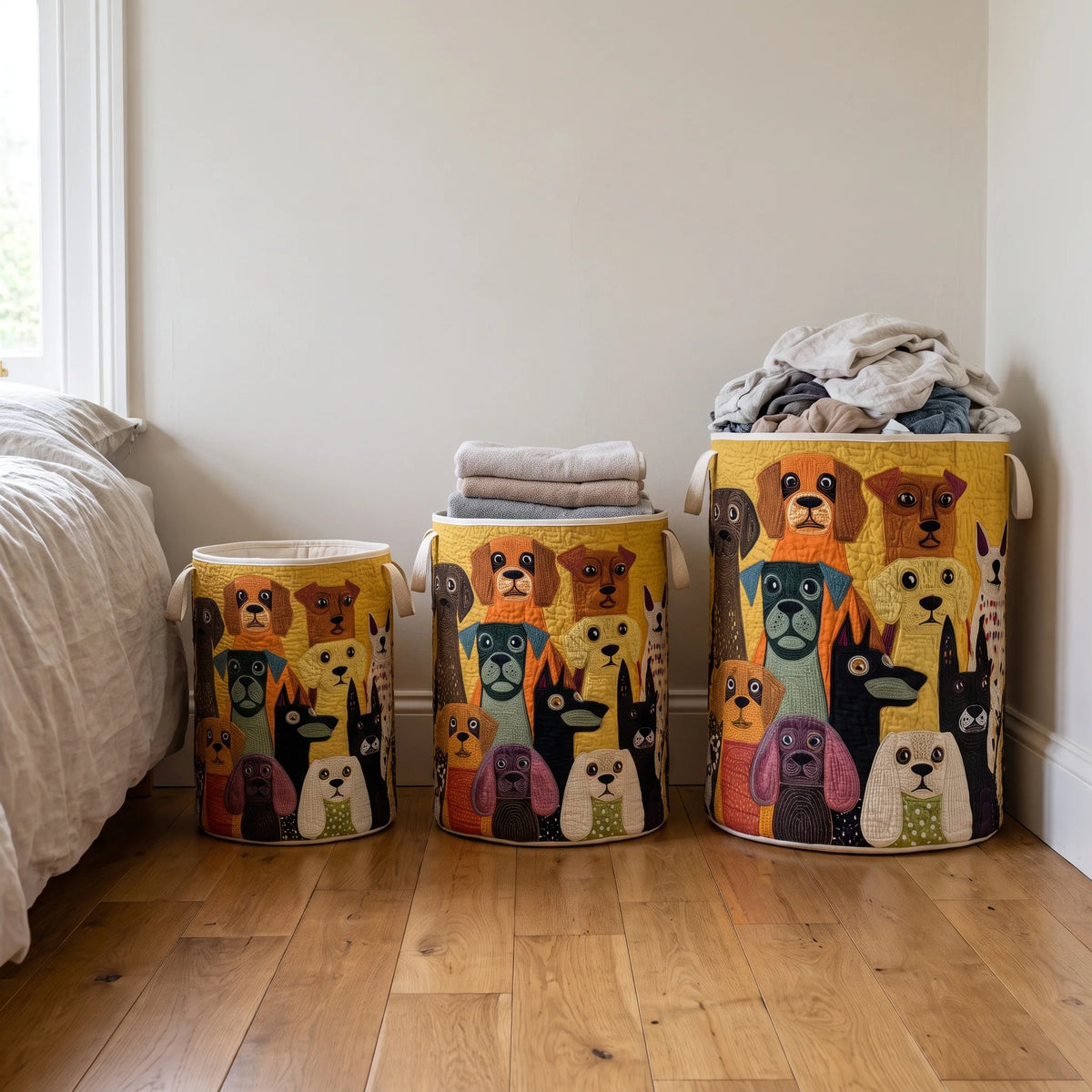 Laundry Basket Quilted Fabric Freestanding Foldable With Canvas Handles