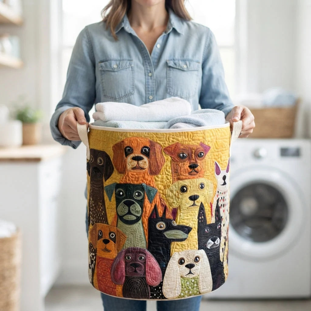 Laundry Basket Quilted Fabric Freestanding Foldable With Canvas Handles