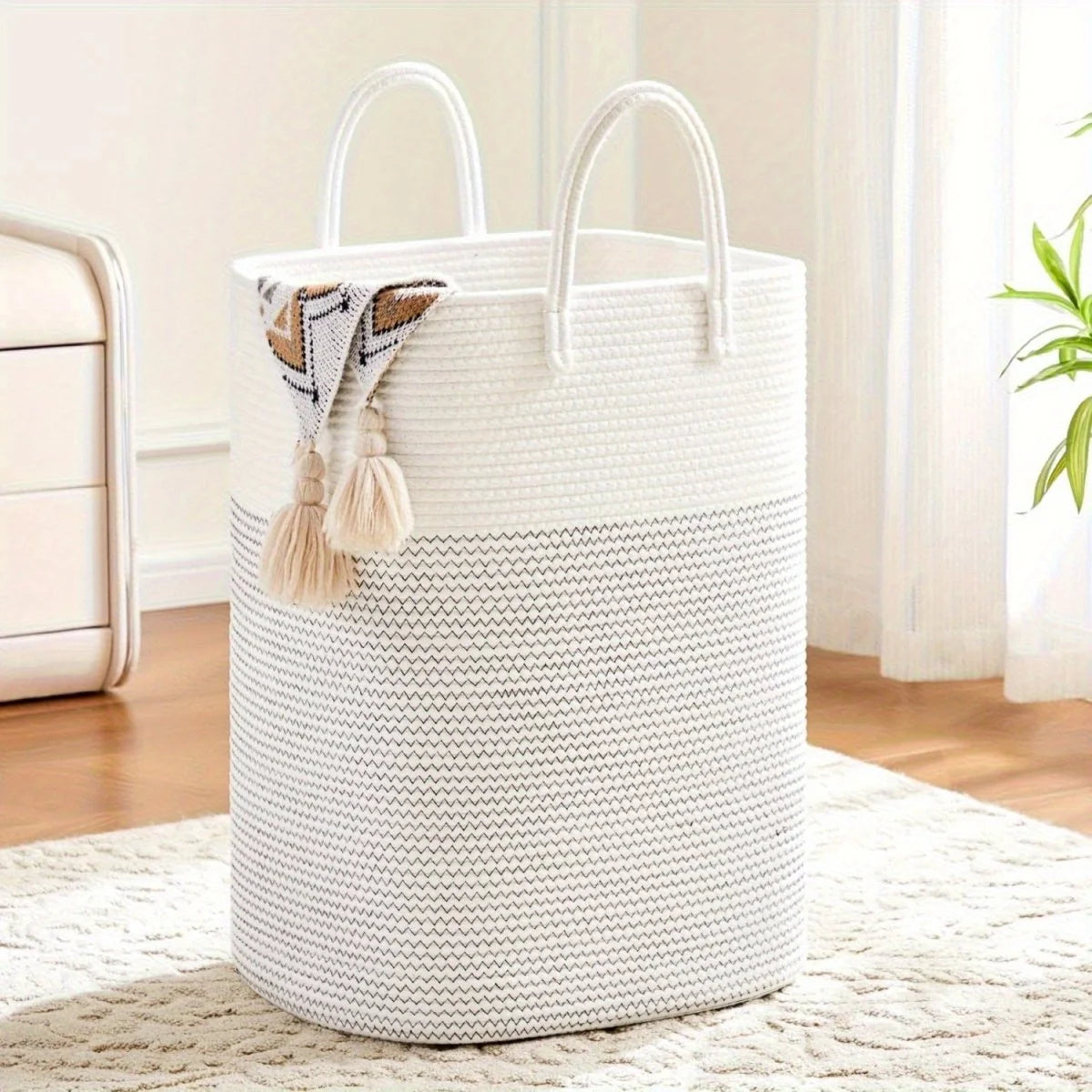 Laundry Basket Woven Cotton Foldable With Carry Handles