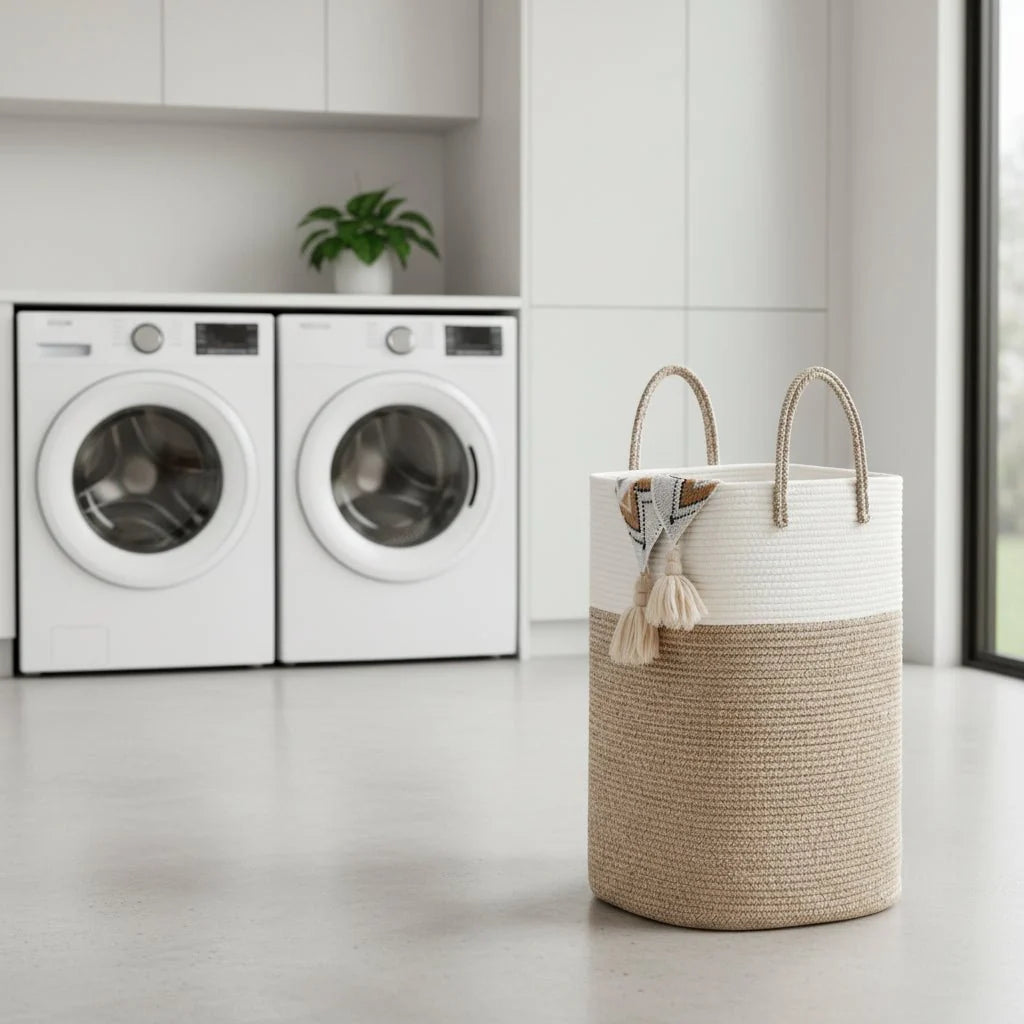 Laundry Basket Woven Cotton Foldable With Carry Handles