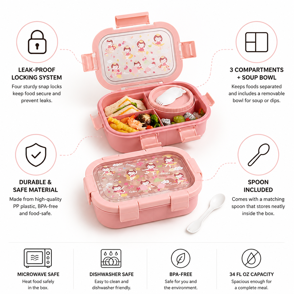 Leak-Proof 3-Compartment Bento Lunch Box (Spoon Included)