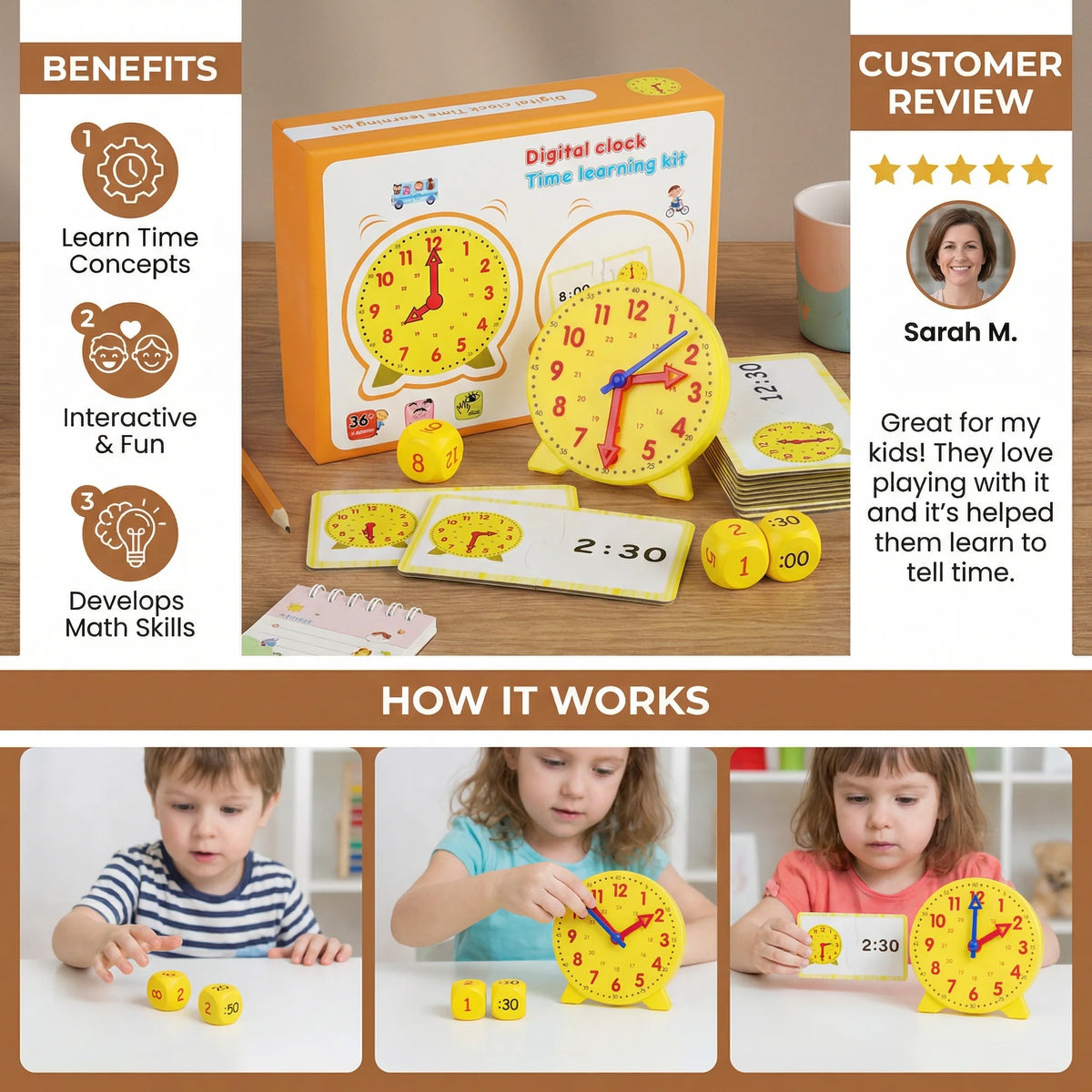 Learning Clock Movable Hands Dice & Matching Cards