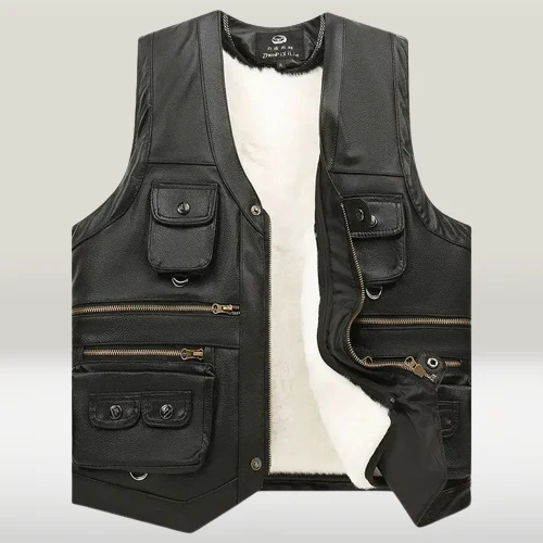 Leather Vest Cashmere Lined Sleeveless Zip-Up