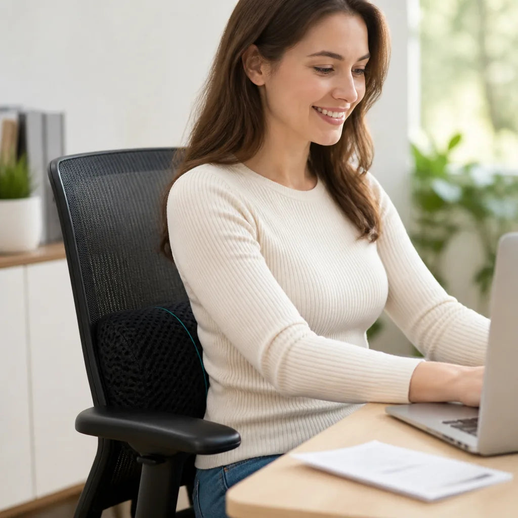 Lumbar support cushion, ergonomic contour, back pain relief