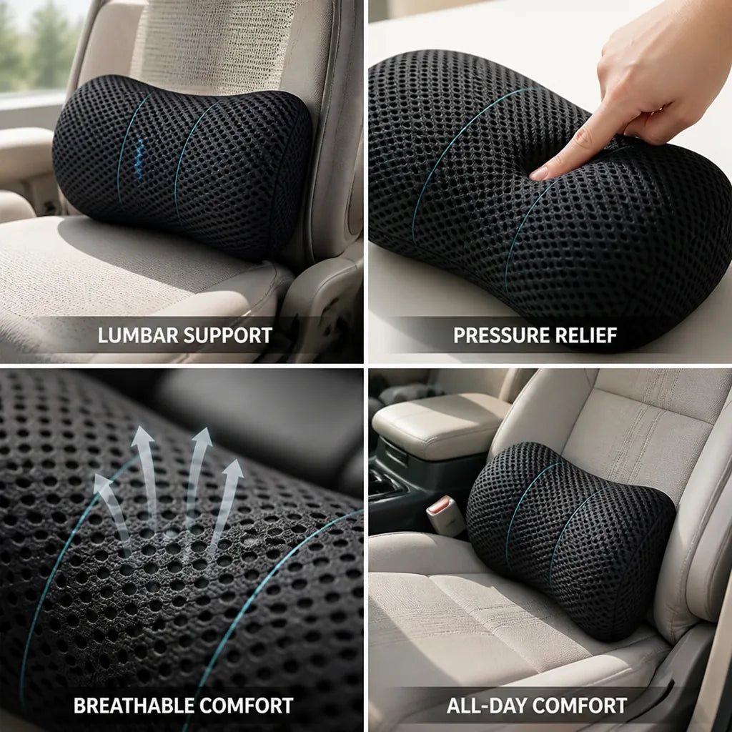 Lumbar support cushion, ergonomic contour, back pain relief