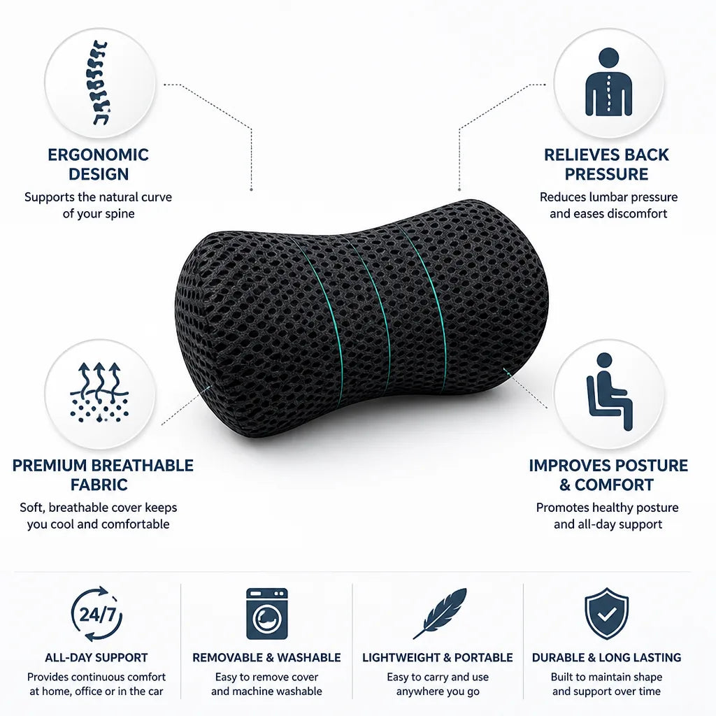 Lumbar support cushion, ergonomic contour, back pain relief