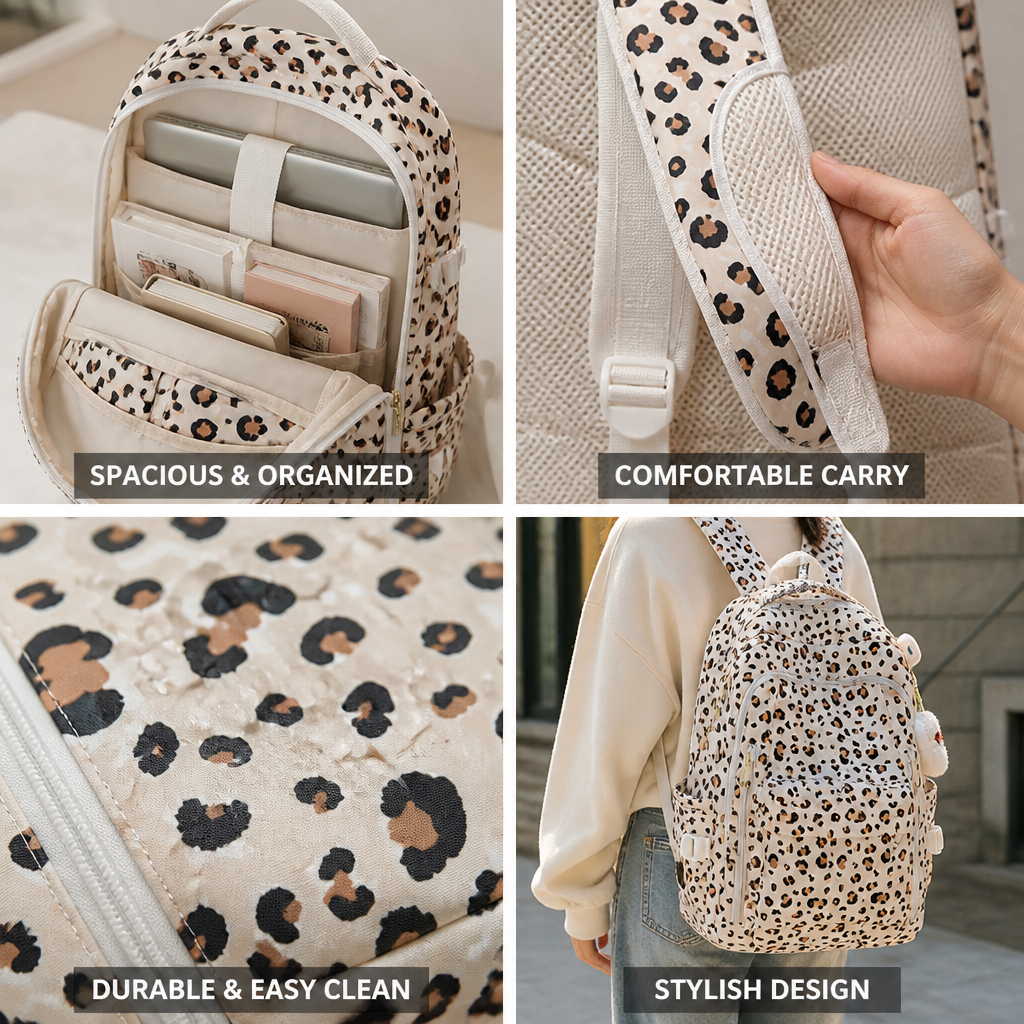 Leopard Print Multi-Compartment School Backpack (Adjustable Padded Straps)