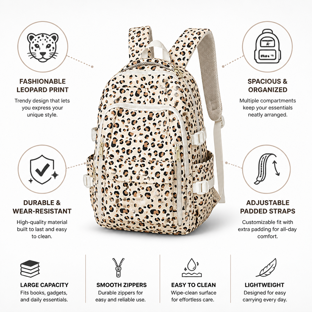 Leopard Print Multi-Compartment School Backpack (Adjustable Padded Straps)