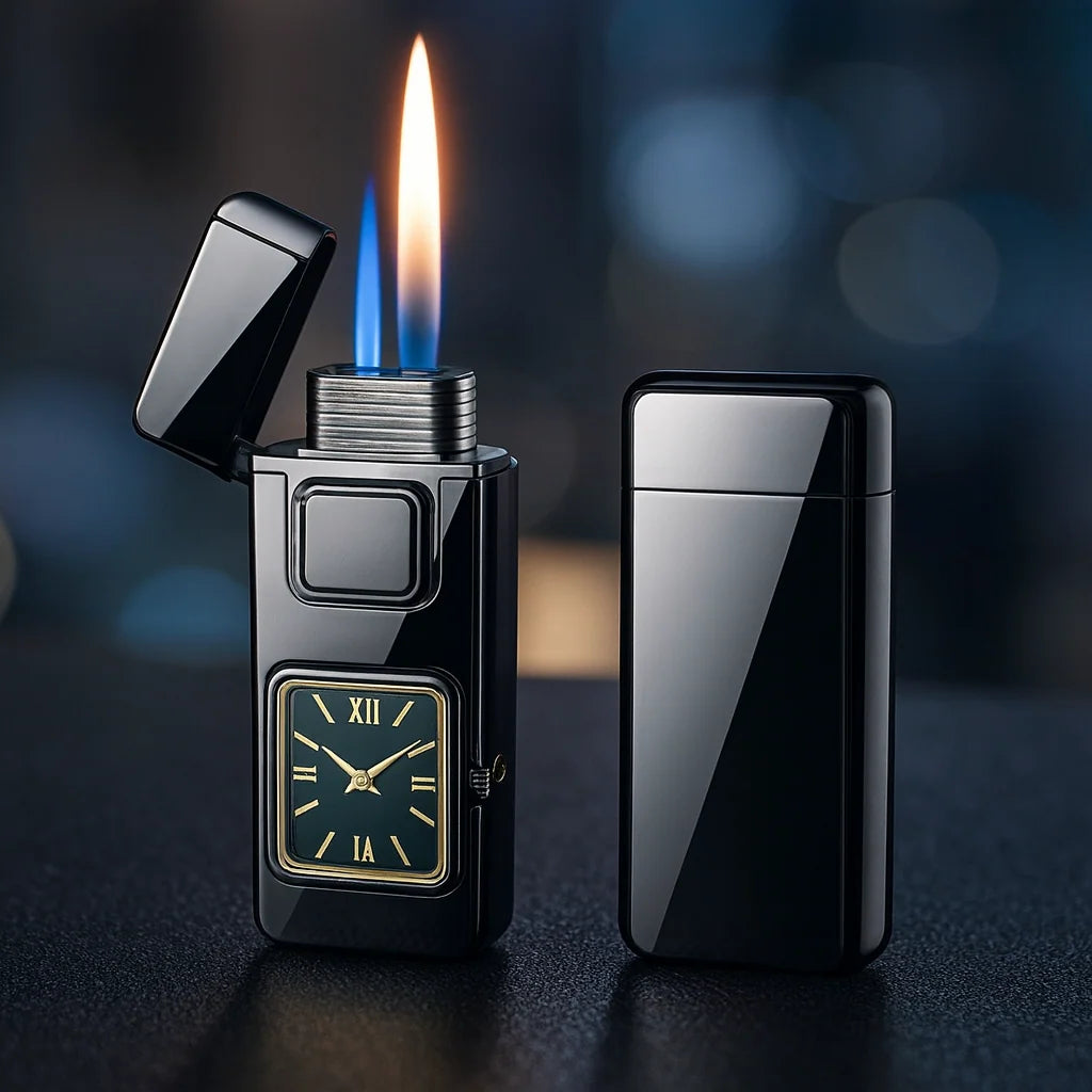 Lighter Refillable Butane Dual-Flame Built-In Analog Clock