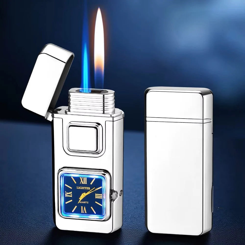 Lighter Refillable Butane Dual-Flame Built-In Analog Clock