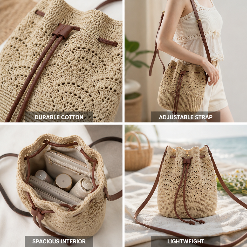 Lightweight Cotton Crochet Shoulder Bag (Adjustable Strap)