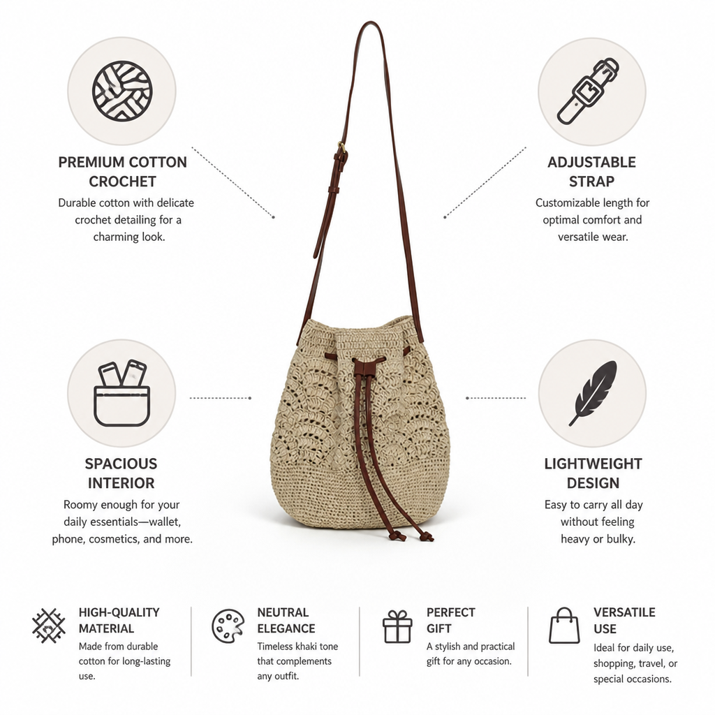 Lightweight Cotton Crochet Shoulder Bag (Adjustable Strap)