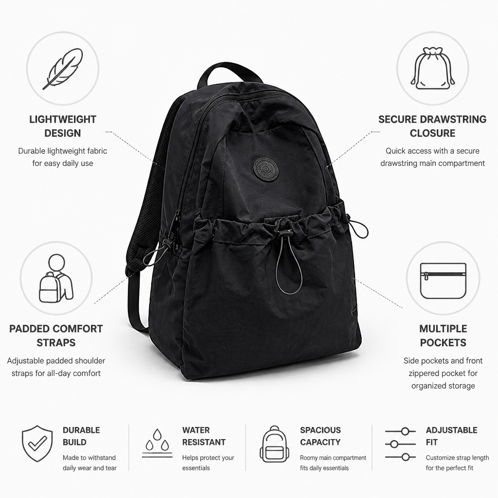 Lightweight Drawstring School Backpack With Padded Straps