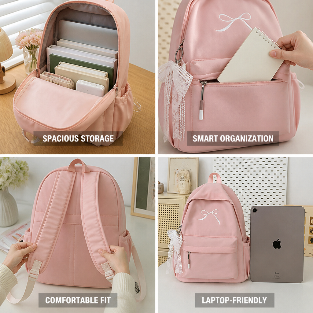 Lightweight & Durable Bow-Embellished Backpack (Laptop-Friendly)
