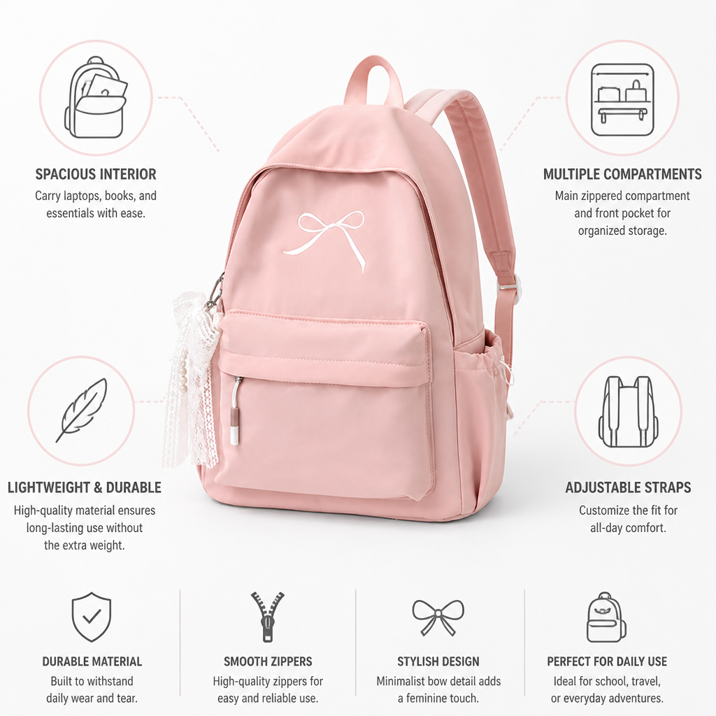 Lightweight & Durable Bow-Embellished Backpack (Laptop-Friendly)