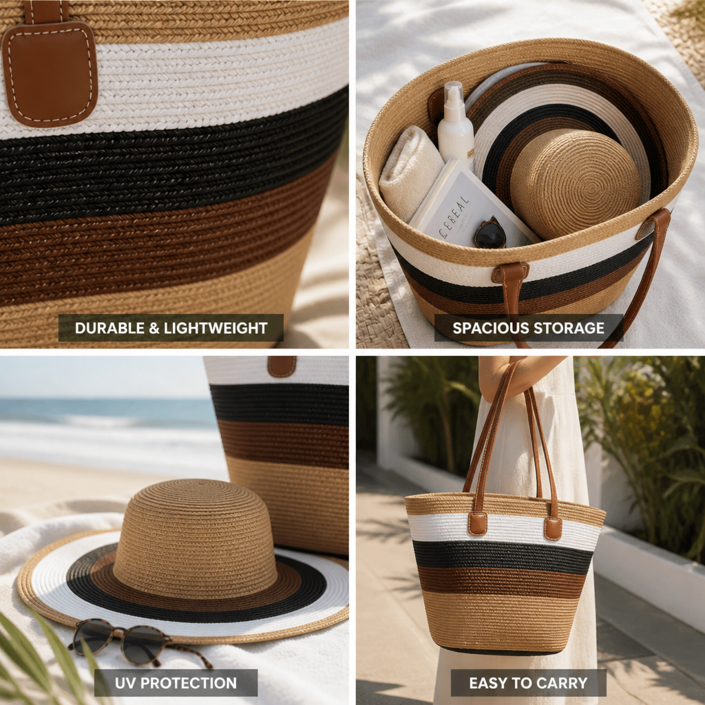 Lightweight Durable UV-Protective Beach Bag & Sun Hat (Set of 2)