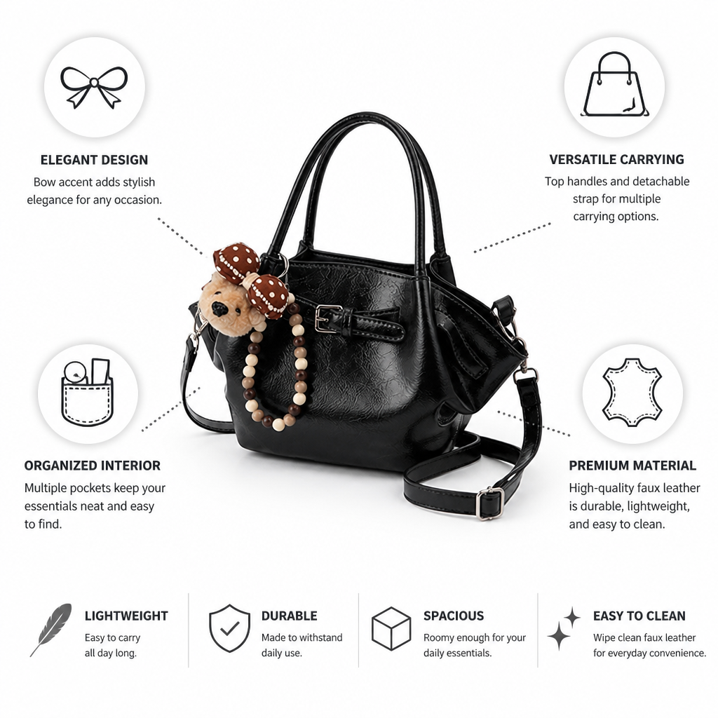 Lightweight Faux Leather Bow-Accent Handbag