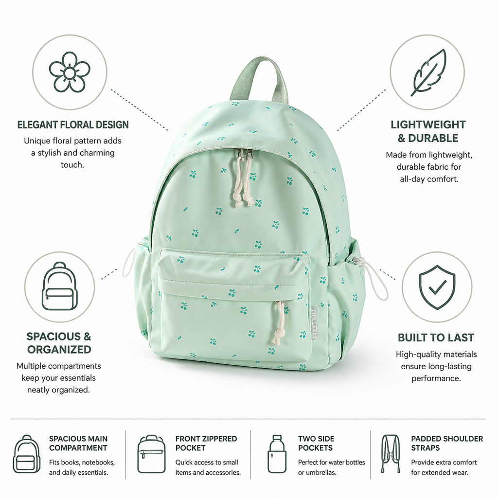 Lightweight Floral School Backpack (Multiple Pockets)