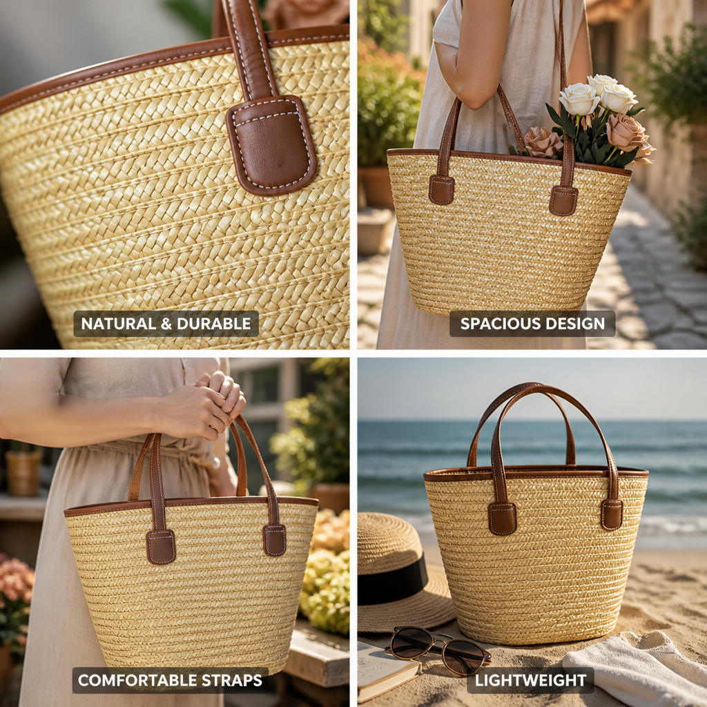 Lightweight Natural Straw Leather-Strap Tote