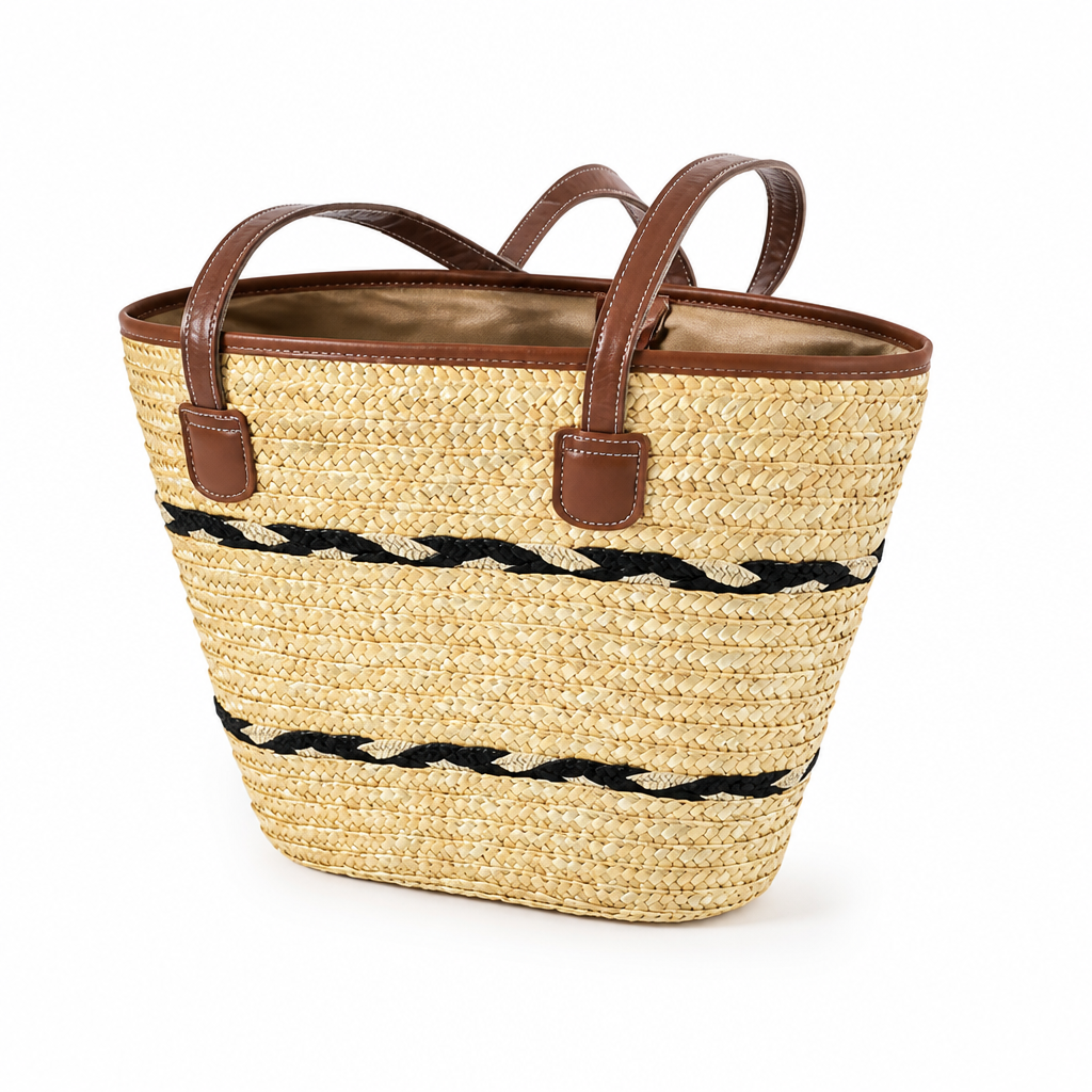 Lightweight Natural Straw Leather-Strap Tote