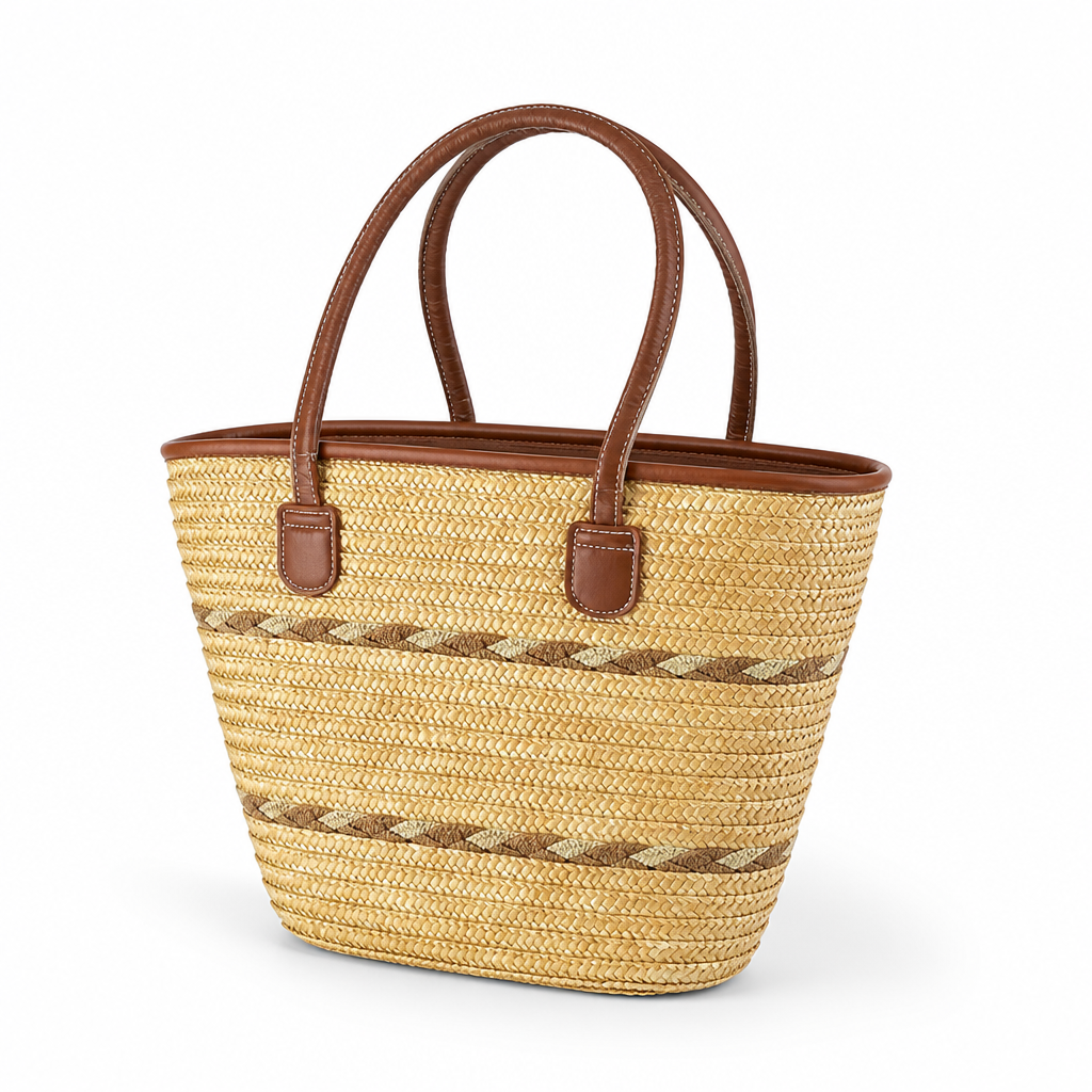 Lightweight Natural Straw Leather-Strap Tote