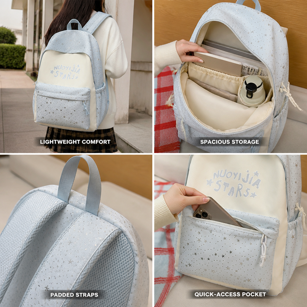 Lightweight Padded-Shoulder Star-Pattern School Backpack