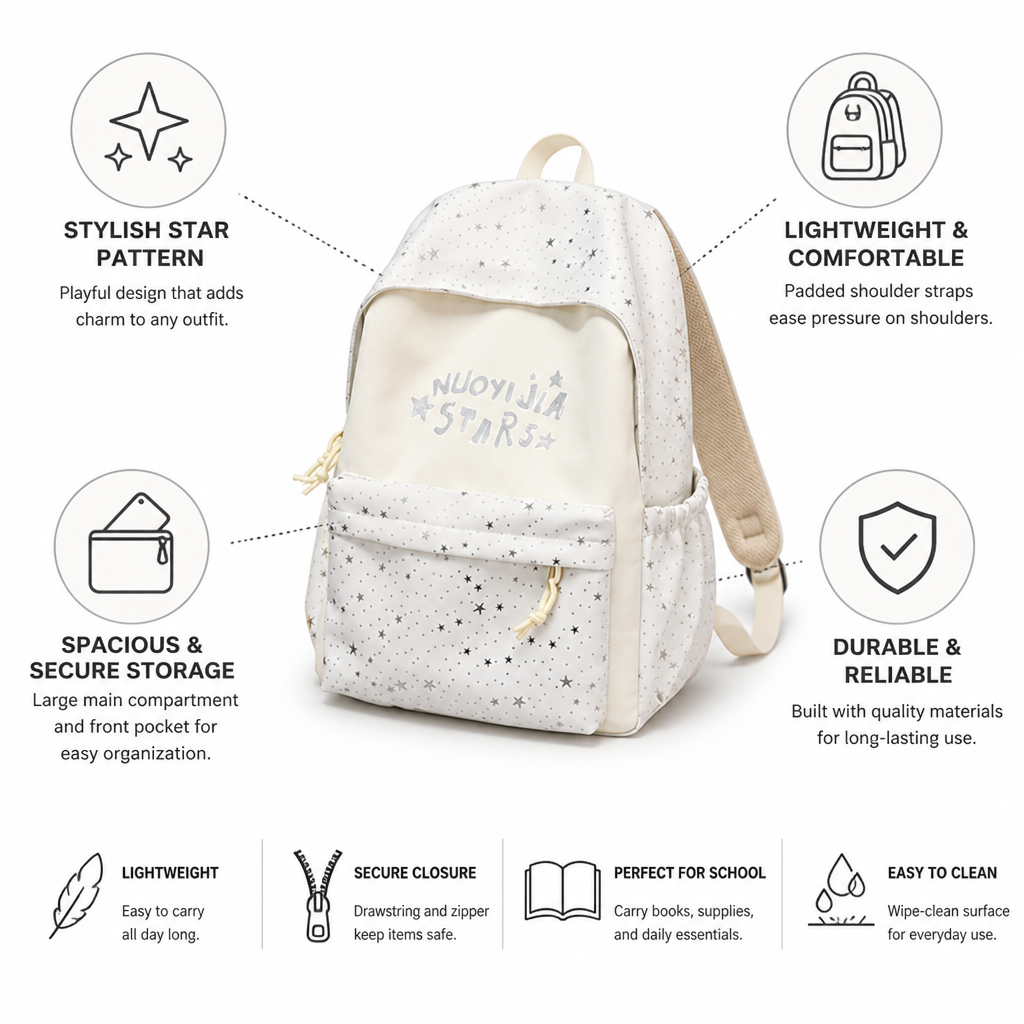 Lightweight Padded-Shoulder Star-Pattern School Backpack