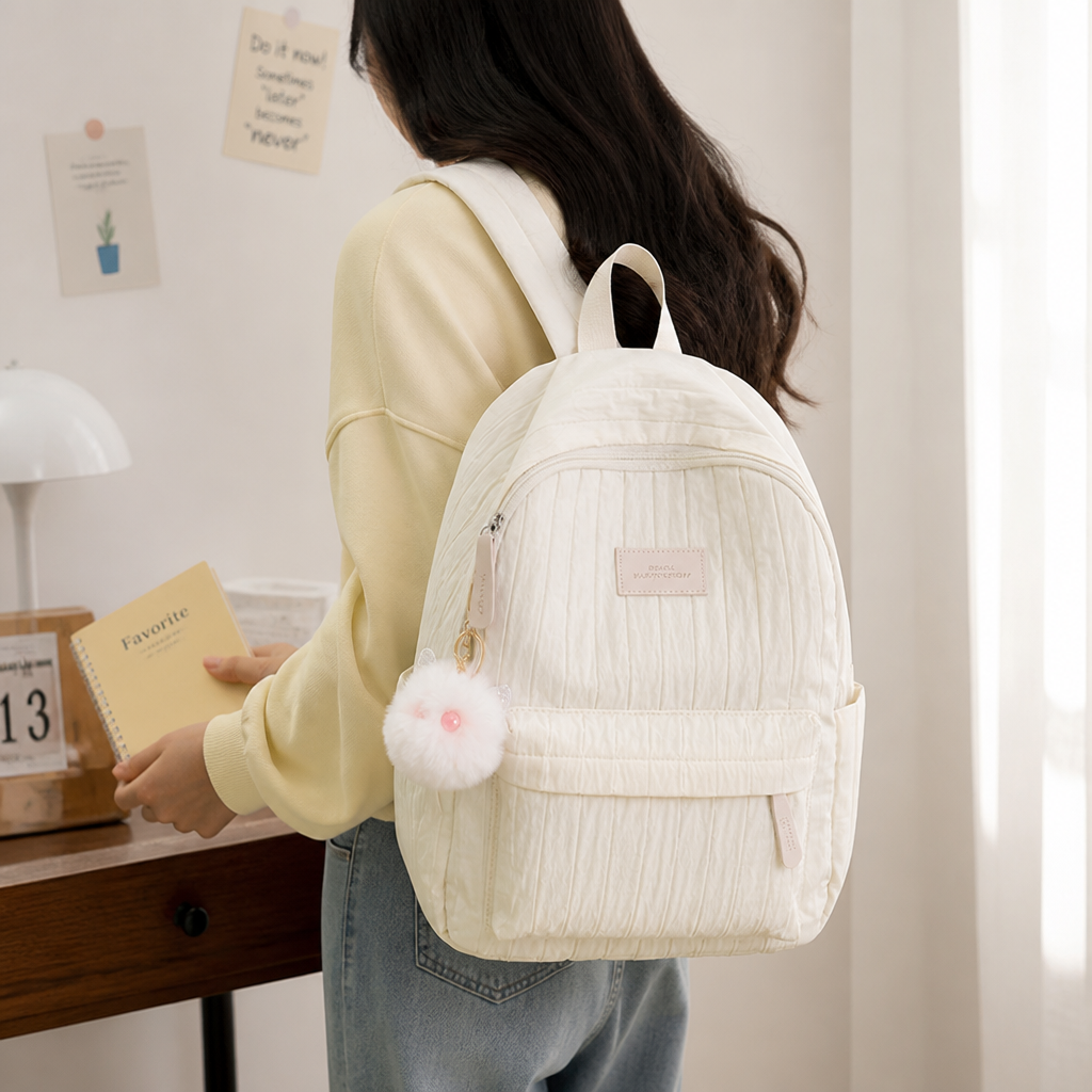 Lightweight Quilted Kids Backpack (Padded Straps & Pom-Pom)