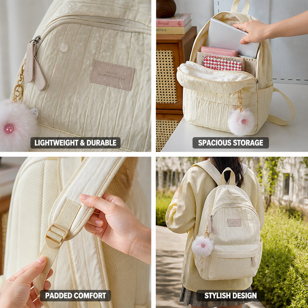 Lightweight Quilted Kids Backpack (Padded Straps & Pom-Pom)