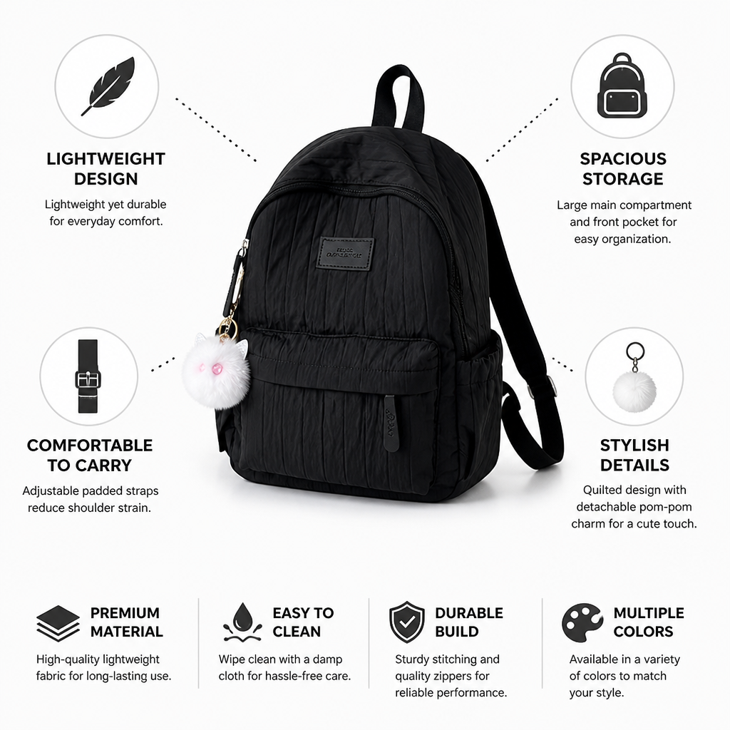 Lightweight Quilted Kids Backpack (Padded Straps & Pom-Pom)