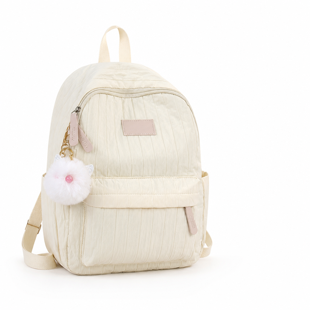 Lightweight Quilted Kids Backpack (Padded Straps & Pom-Pom)