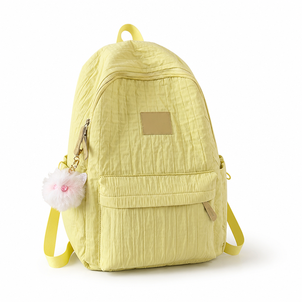 Lightweight Quilted Kids Backpack (Padded Straps & Pom-Pom)