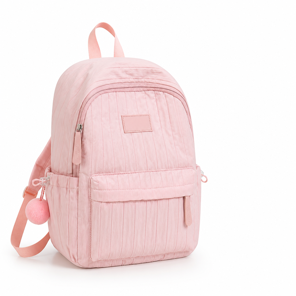 Lightweight Quilted Kids Backpack (Padded Straps & Pom-Pom)