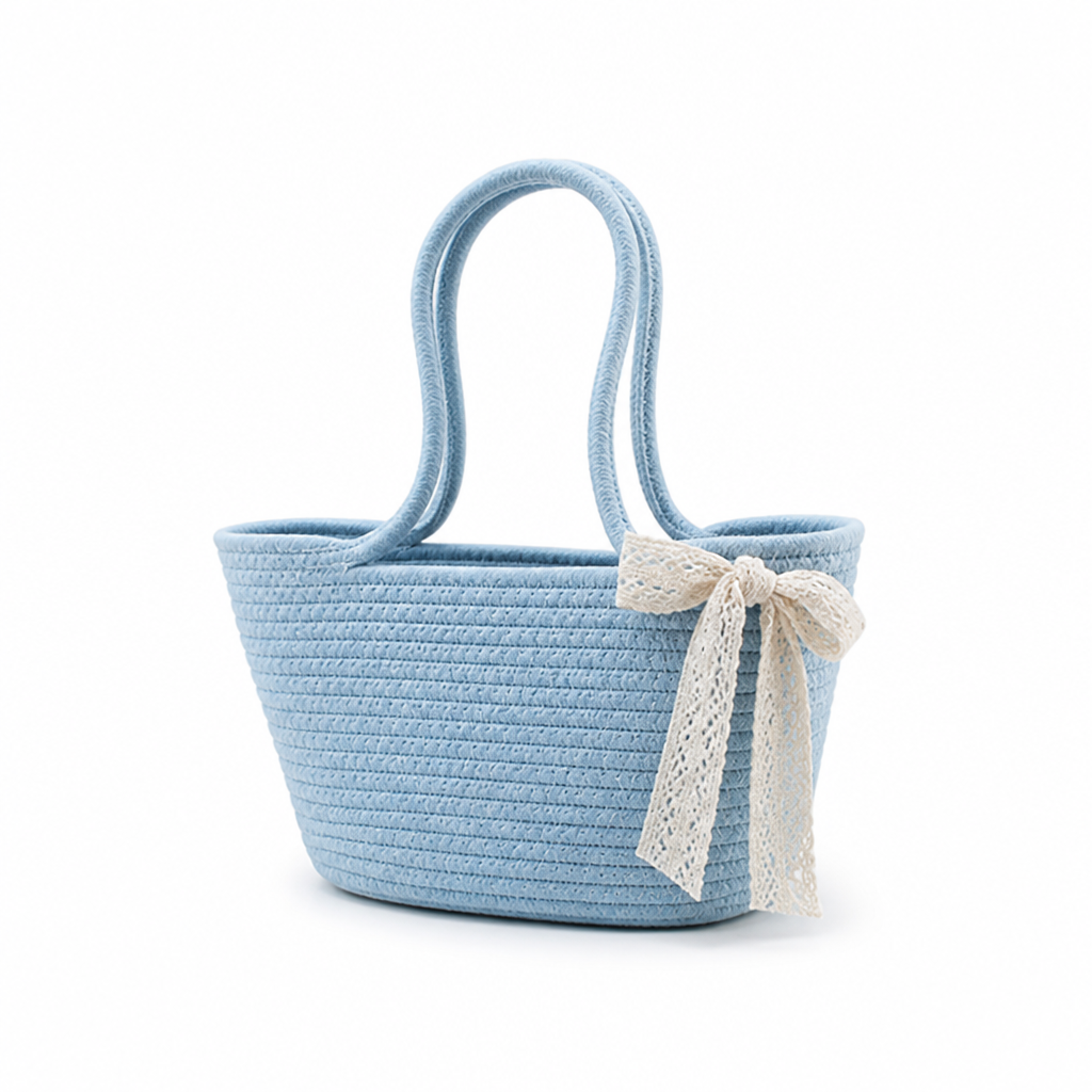 Lightweight Raffia Basket Bag With Lace Ribbon