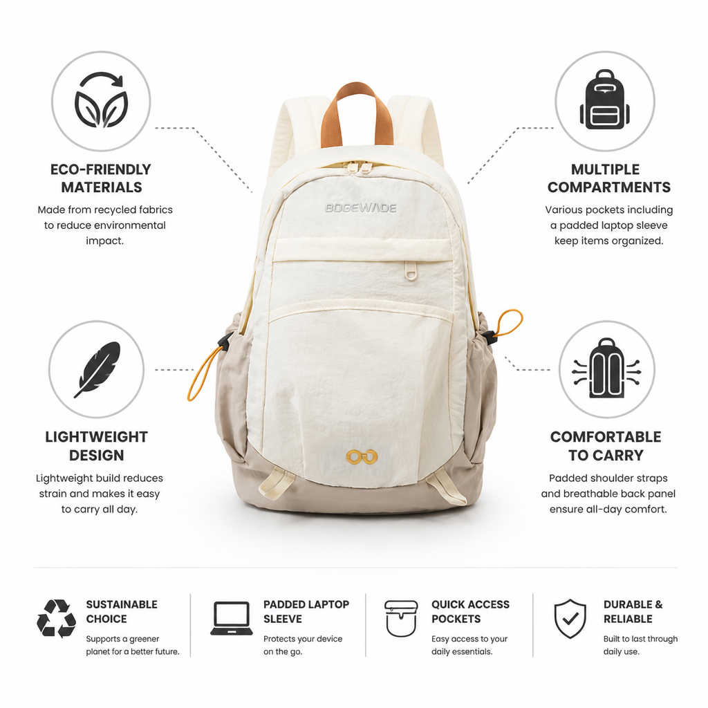 Lightweight Recycled Fabric Multi-Compartment School Backpack (Padded Laptop Sleeve)