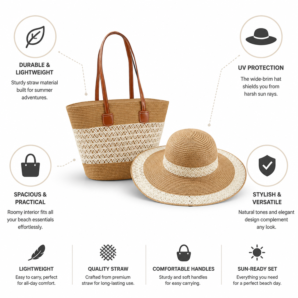 Lightweight Straw Beach Bag & UV-Protective Sun Hat Set