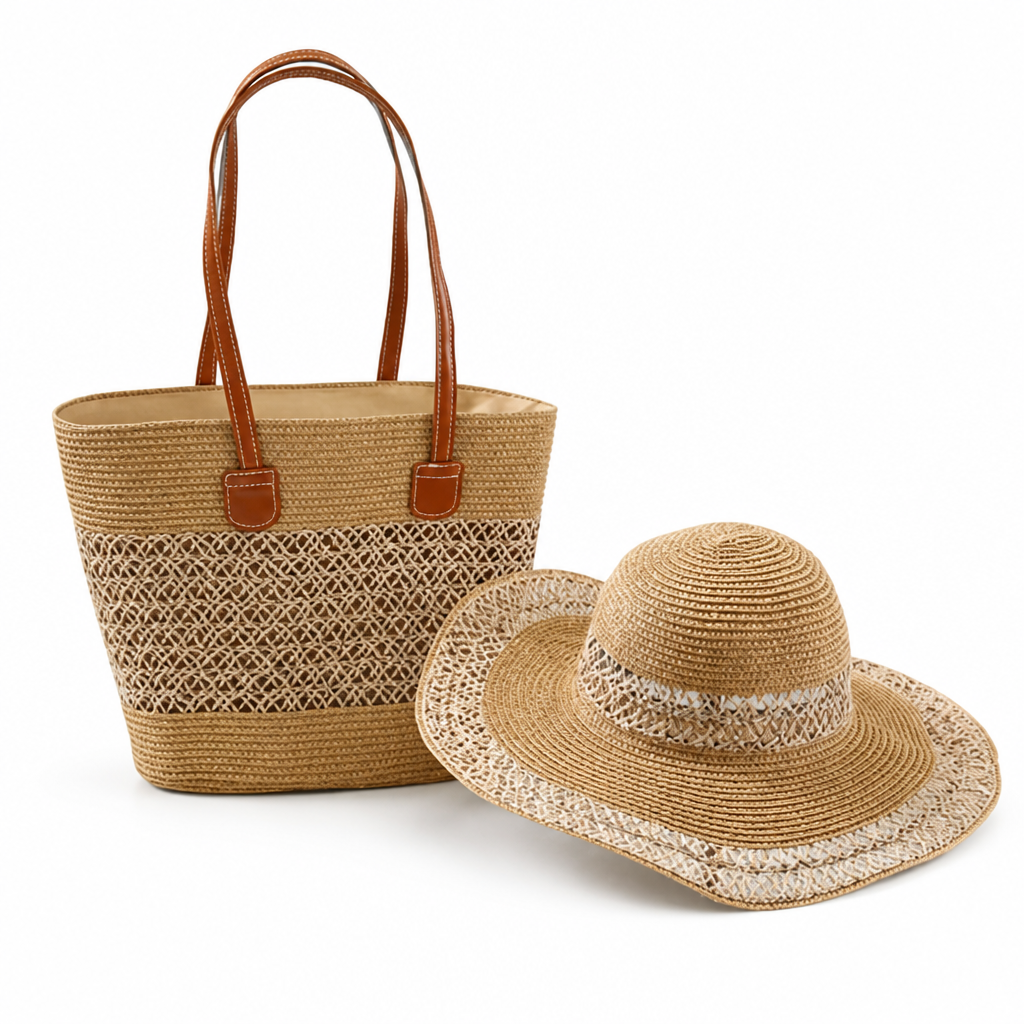 Lightweight Straw Beach Bag & UV-Protective Sun Hat Set