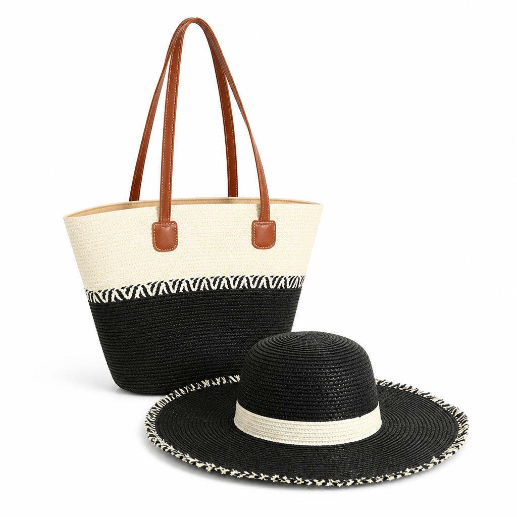 Lightweight Straw Beach Bag & UV-Protective Sun Hat Set